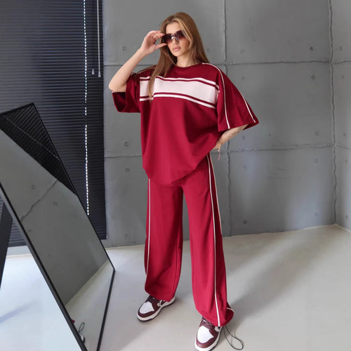 Damen stylisches Sportanzug-Set mit weitem Schnitt und kontrastierenden Streifen