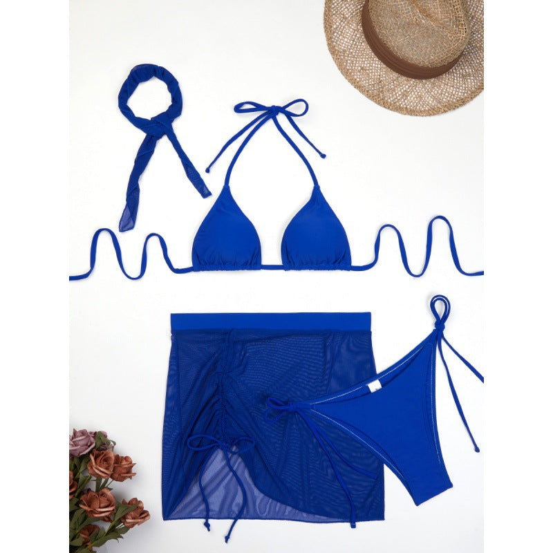 Damen Triangelbikini-Set mit transparentem Überrock und modischem Stirnband Drune