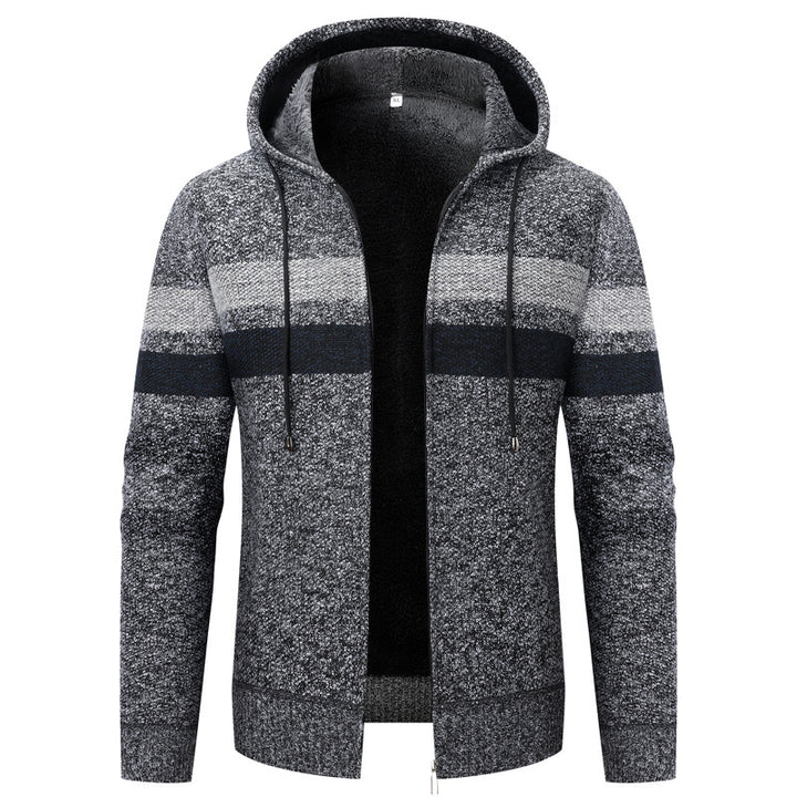 Herren Strick-Ziphoodie mit Teddyfutter, durchgehendem Reißverschluss und Blockstreifen Drune