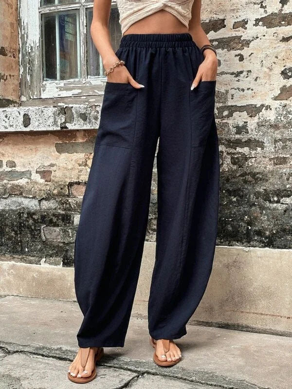 Damen Weite Leinenhose mit elastischem Bund, aufgesetzten Taschen und lässigem Harem-Schnitt Drune