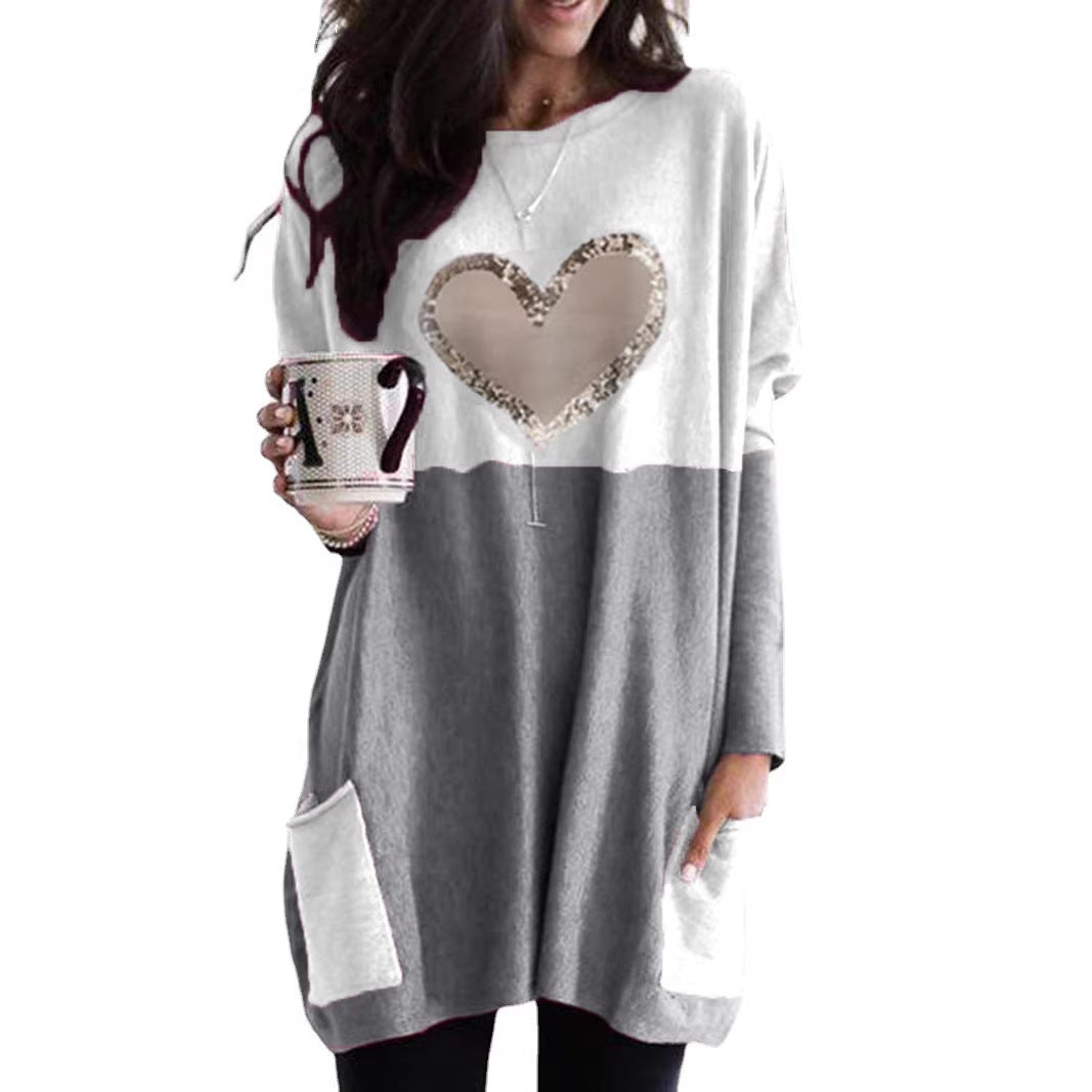 Damen Oversized Lange Pullover Tunika mit Pailletten-Herz und aufgesetzten Taschen Drune