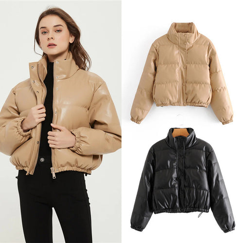 Damen nan kurzes gesteppte Kunstleder-Pufferjacke mit hohem Stehkragen, Druckknopfleiste und Kordelzugsaum Drune