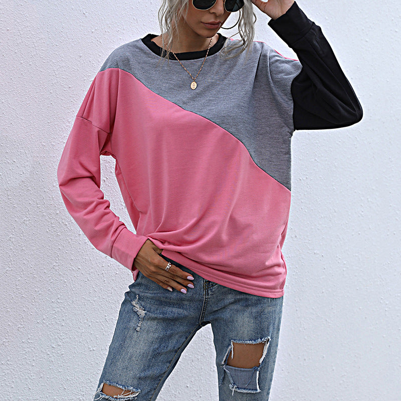 Damen Lässiges Colorblock-Sweatshirt mit diagonaler Teilung und Raglanärmeln Drune
