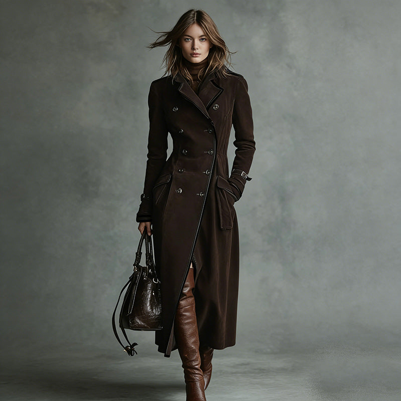 Damen Langer Taillierter Trenchcoat aus Veloursleder‑Optik mit doppelreihiger Knopfleiste und Schnallenmanschetten Drune