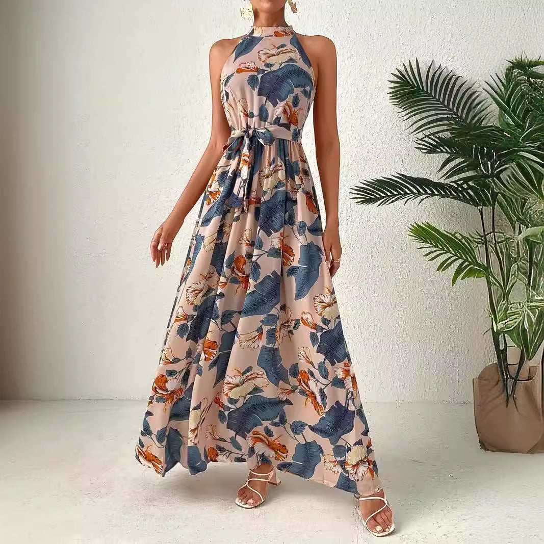 Damen Maxikleid im Boho-Stil mit hohem Kragen und Bindegürtel Drune