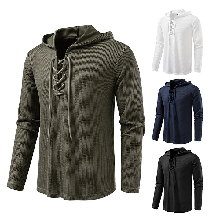 Herren Waffelstrick-Kapuzenpullover mit Schnürkragen und geradem Saum Drune