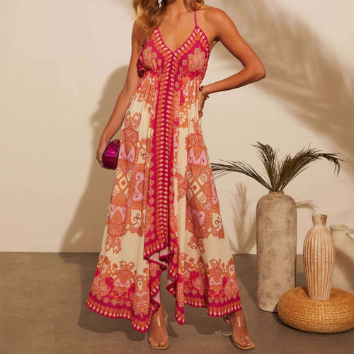 Damen Maxikleid mit trendigem Halterneck und künstlerischem Muster Drune