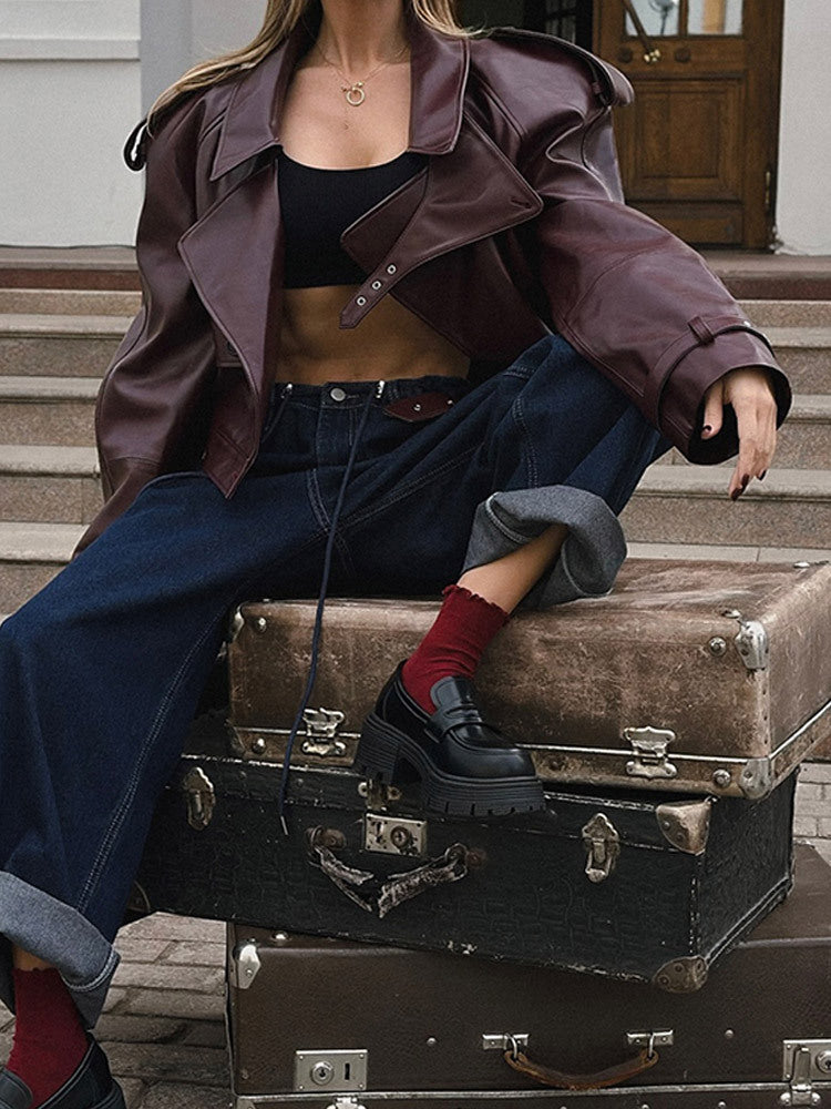 Damen modische Kunstlederjacke mit oversized Schnitt und breitem Kragen Drune