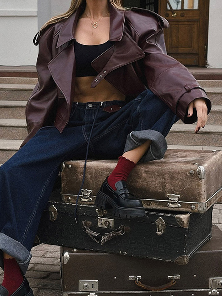 Damen modische Kunstlederjacke mit oversized Schnitt und breitem Kragen Drune