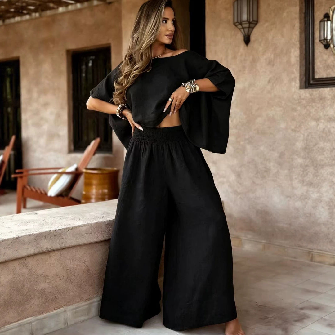 Damen Leichter Leinen-Zweiteiler mit Cropped Oversize-Top und Smokbund-Palazzohose Drune