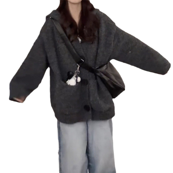 Damen oversized Strickjacke mit großem Revers und Knopfverschluss Drune