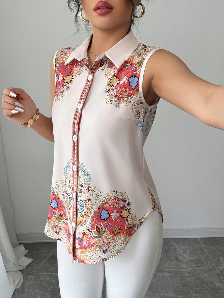 Damen Ärmellose Hemdbluse mit Kentkragen, A-Linien-Silhouette und durchgehender Knopfleiste Drune