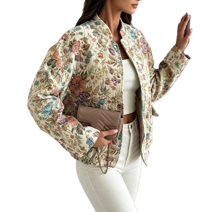 Damen Florale Jacquard-Steppjacke mit Stehkragen und elastischem Saum Drune