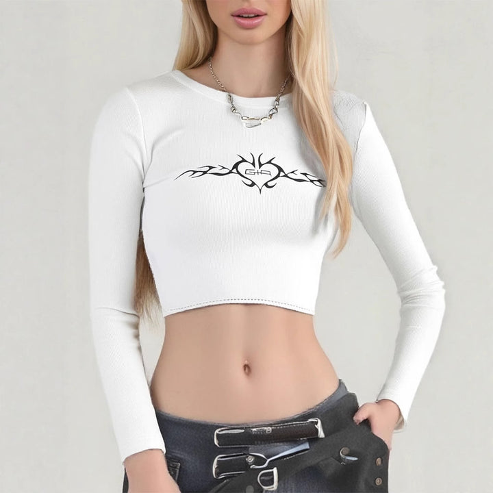 Damen cropped Langarmshirt mit raffinierter Grafik Drune