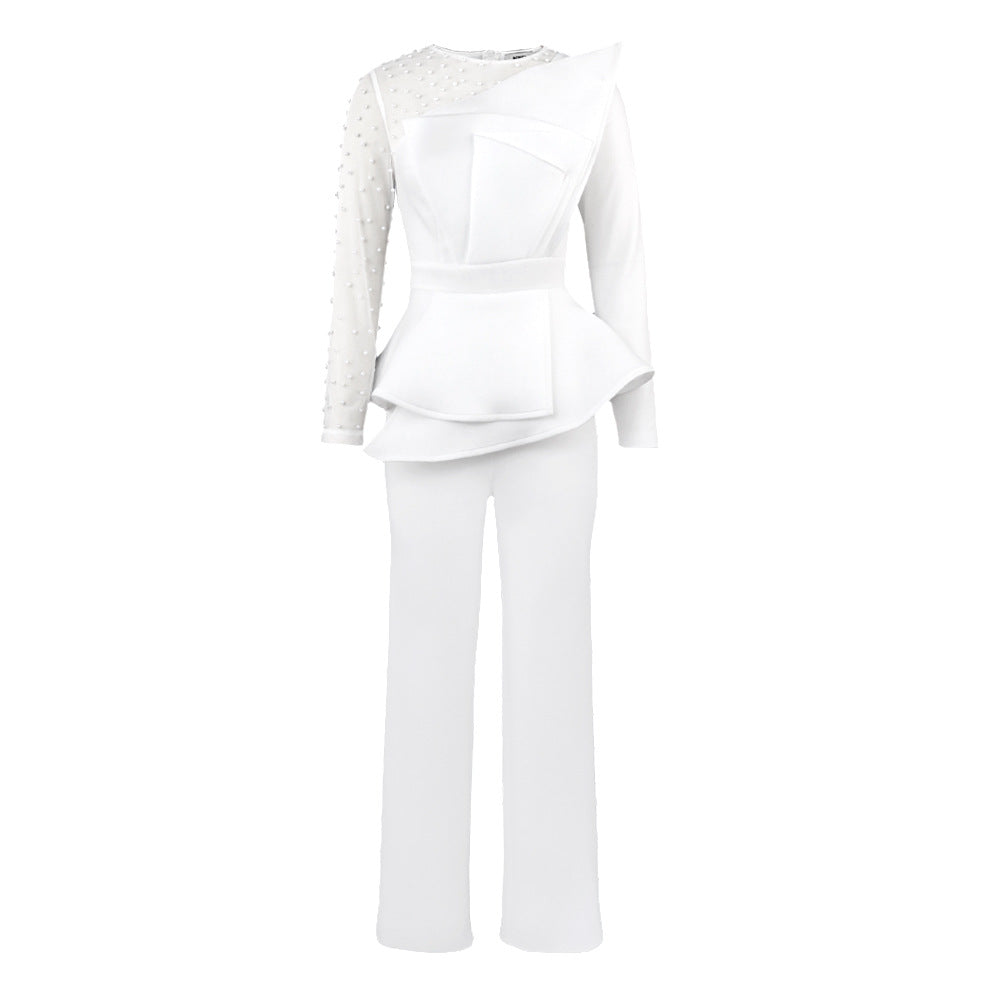 Damen eleganter Jumpsuit mit asymmetrischem Oberteil und raffiniertem Rüschendesign Drune