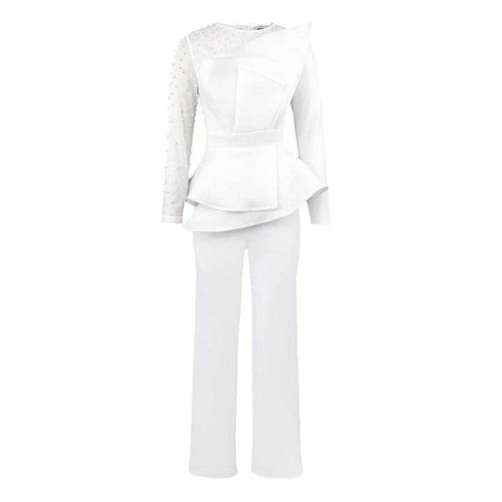Damen eleganter Jumpsuit mit asymmetrischem Oberteil und raffiniertem Rüschendesign Drune