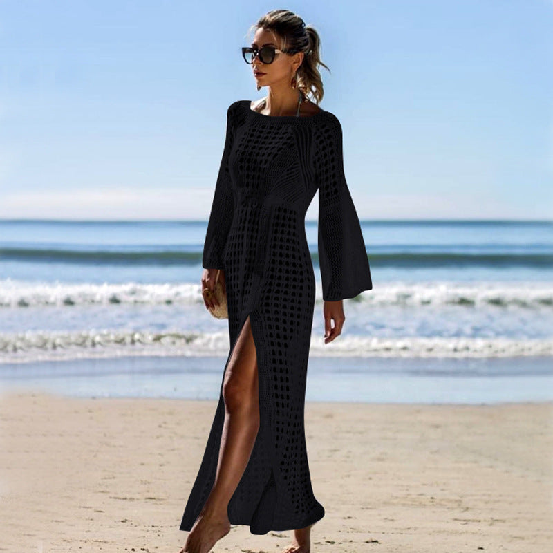 Damen Luftiges Häkel-Strandkleid mit langen Ärmeln und seitlichem Schlitz Drune
