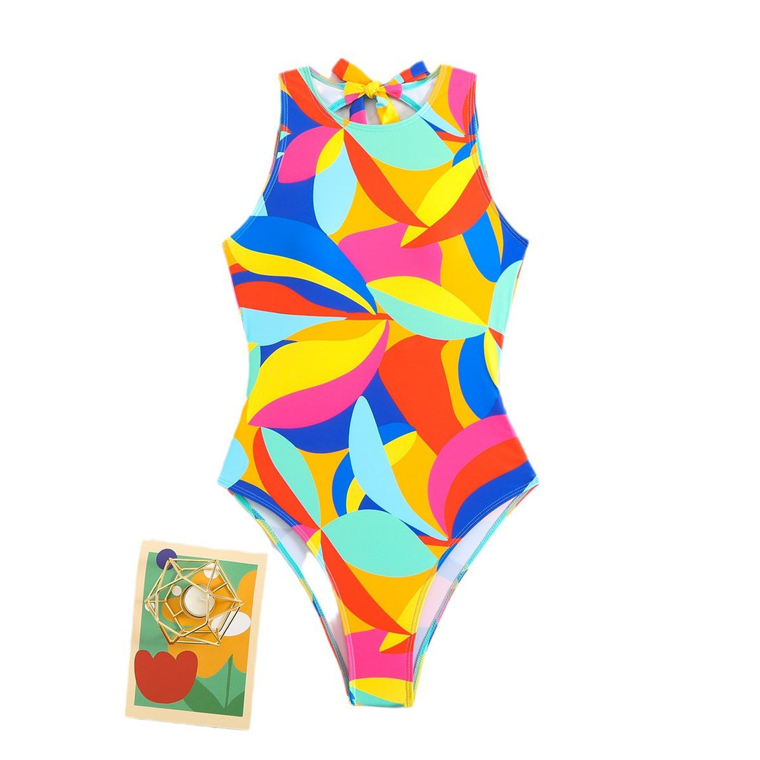 Damen Sportlicher Einteiler Badeanzug mit buntem Blattmuster Drune