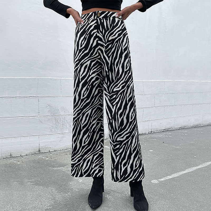 Damen Weite Palazzo-Hose mit Animal-Zebra-Muster, hohem Bund und Gürtelschlaufen Drune