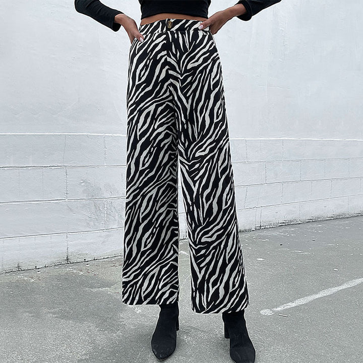 Damen Weite Palazzo-Hose mit Animal-Zebra-Muster, hohem Bund und Gürtelschlaufen Drune