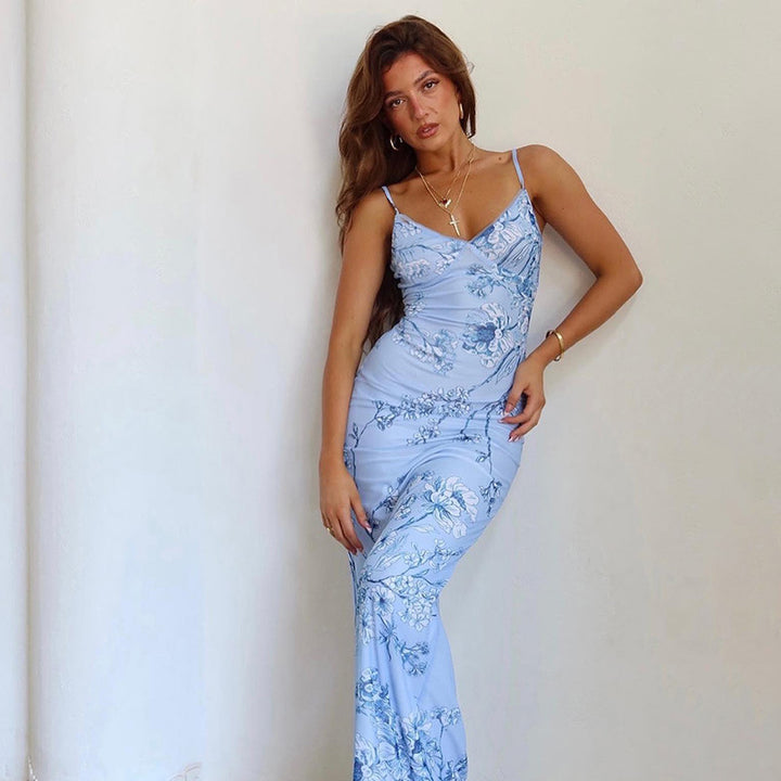 Damen elegantes Maxikleid mit zarten Rüschen und tiefem V-Ausschnitt Drune