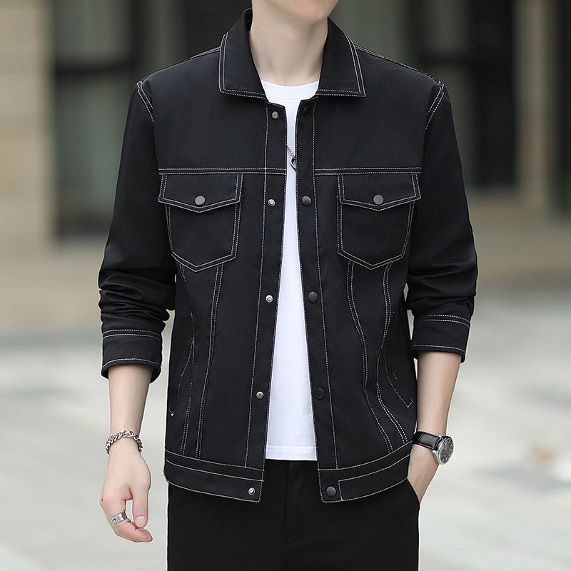 Herren leichte Canvas-Truckerjacke mit sichtbaren Kontrastnähten und Brustpattentaschen Drune