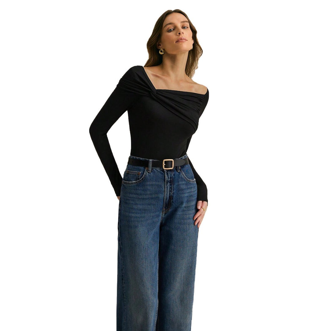 Damen asymmetrisches Off-Shoulder-Drapiertes Langarmshirt mit Knoten-Detail Drune