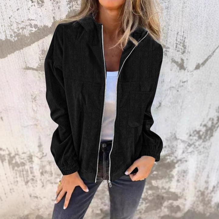 Damen Casual Cord-Hoodiejacke mit feiner Kordsamtstruktur, durchgehendem Reißverschluss und elastischem Saum Drune