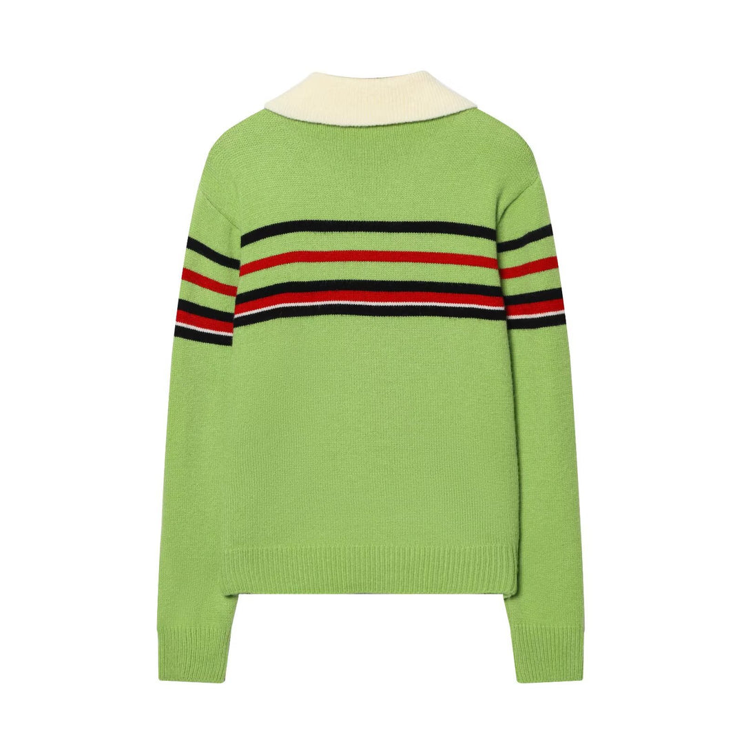 Damen Gestreifter Strickpullover mit halbem Reißverschluss und großem Hemdkragen Drune