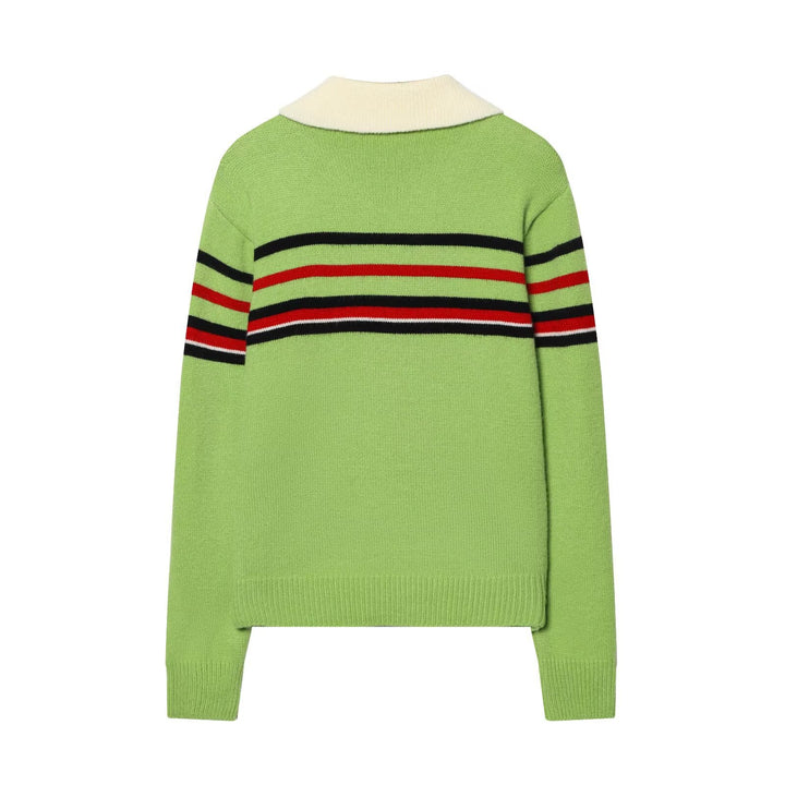 Damen Gestreifter Strickpullover mit halbem Reißverschluss und großem Hemdkragen Drune