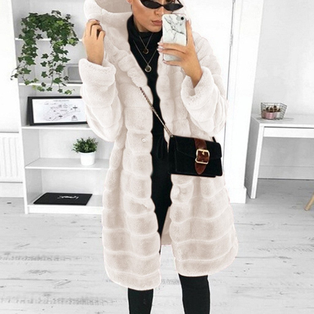 Damen nan oversized Kunstfellmantel mit Kapuze und gestepptem Paneldesign Drune