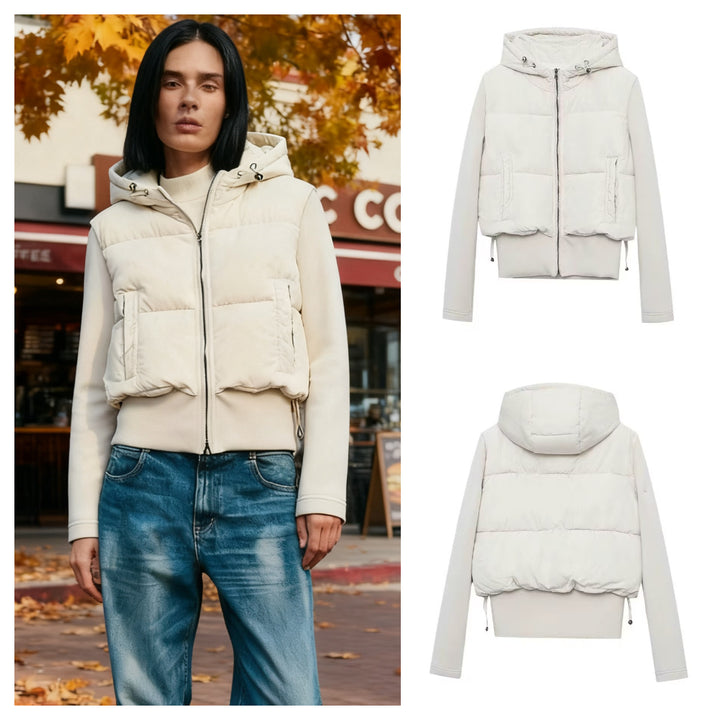 Damen Kurz geschnittene Hybrid-Steppjacke mit Kapuze, Taillenzug und elastischen Ärmeln Drune