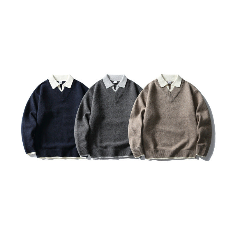 Unisex Oversize-Strickpullover mit kontrastpolokragen und V-Ausschnitt Drune