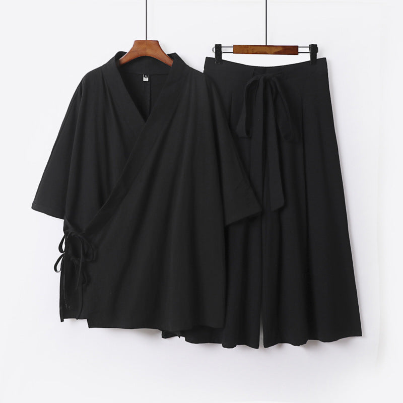 Damen Kimono-Loungewear-Set aus leichter Viskose mit Wickeloberteil und weitem Culotte-Hosenrock Drune