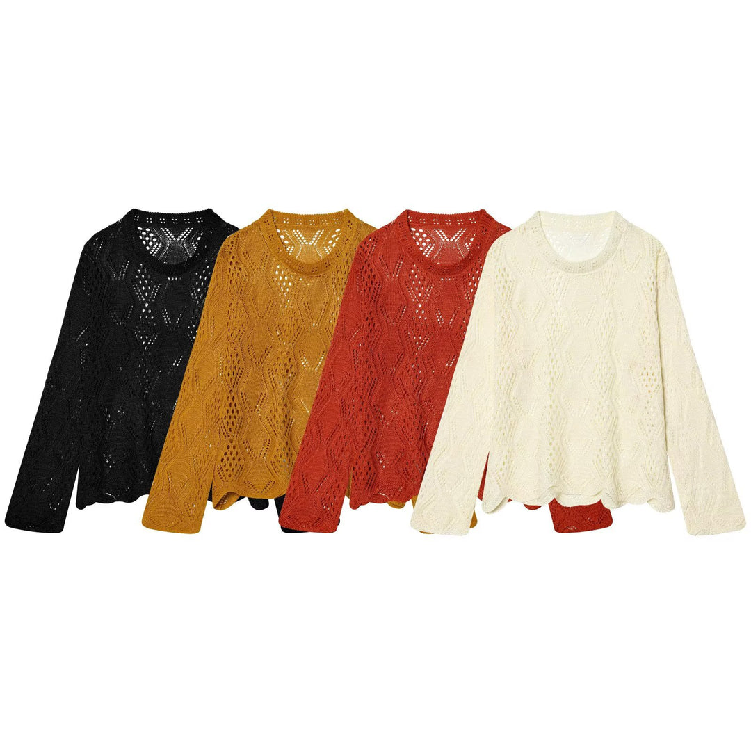 Damen Lochstrick-Pullover mit Zopfmuster und geschwungenem Saum Drune