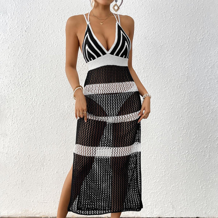 Damen gehäkelter Strandüberwurf mit stilvollem V-Ausschnitt und eleganten Streifendetails Drune