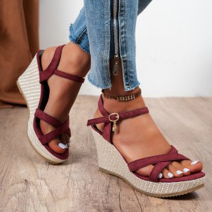 Damen Jeans-Optik Keilsandalen mit geflochtener Bastsohle und verstellbarem Knöchelriemen Drune