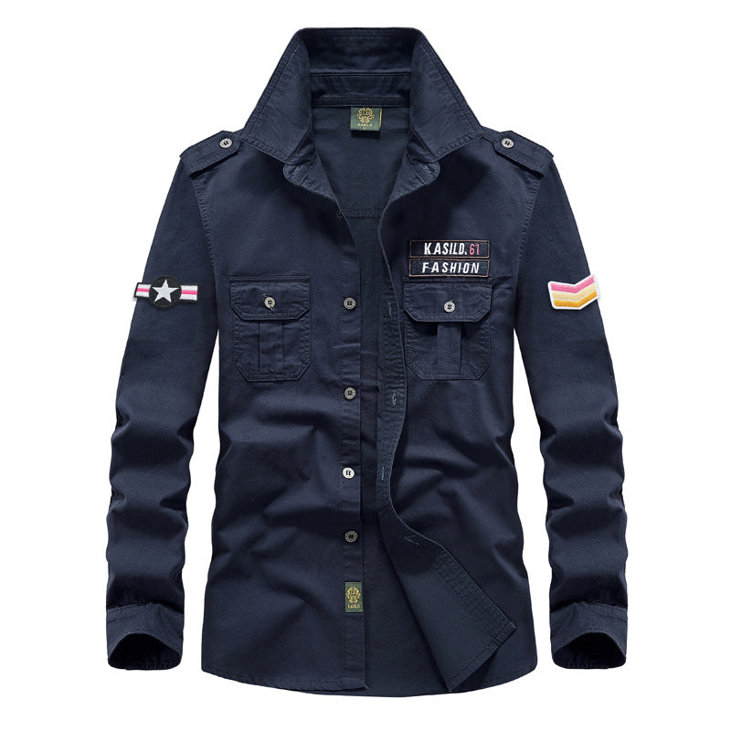 Herren nan militärisches Langarm-Utility-Hemd mit aufgesetzten Brusttaschen, Schulterklappen und dekorativen Stickpatches Drune