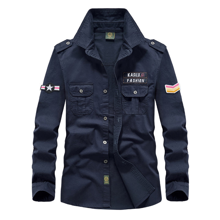 Herren nan militärisches Langarm-Utility-Hemd mit aufgesetzten Brusttaschen, Schulterklappen und dekorativen Stickpatches Drune