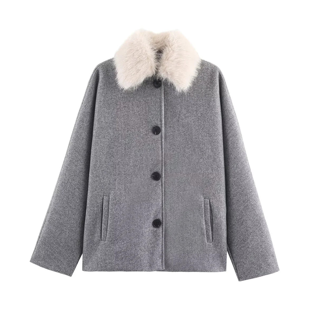 Damen nan kurz geschnittene kastige Wollmix-Jacke mit abnehmbarem Kunstpelzkragen und Leistentaschen Drune