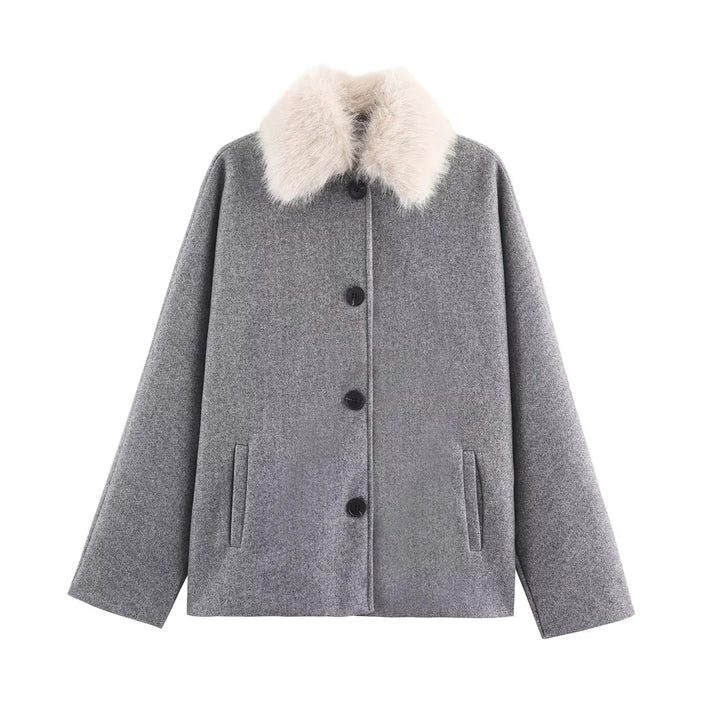 Damen nan kurz geschnittene kastige Wollmix-Jacke mit abnehmbarem Kunstpelzkragen und Leistentaschen Drune