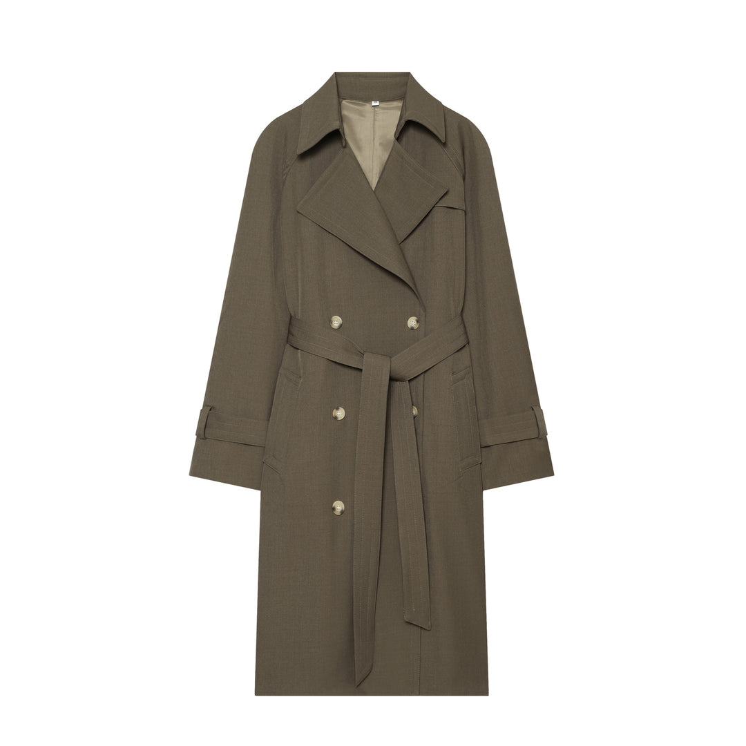 Damen nan eleganter Utility-Trench mit breitem Revers, Bindegürtel und aufgesetzten Pattentaschen Drune