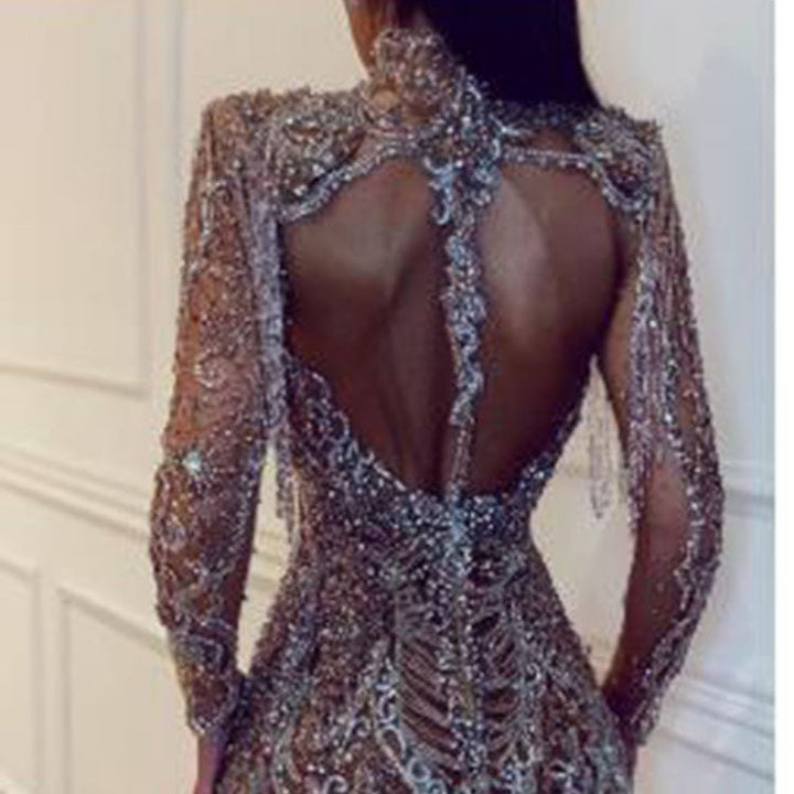 Damen Glamouröses Pailletten-Minikleid mit hochgeschlossenem Design und transparenten Ärmeln Drune