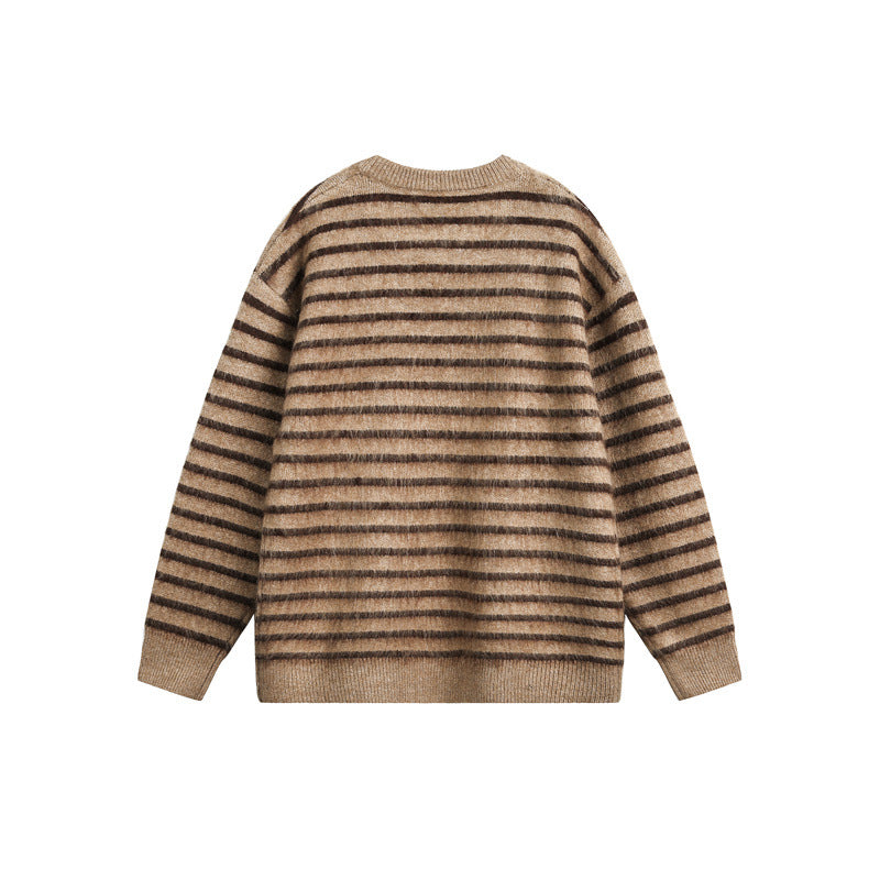 Unisex Oversize Gestreifter Flauschpullover mit Rundhalsausschnitt Drune