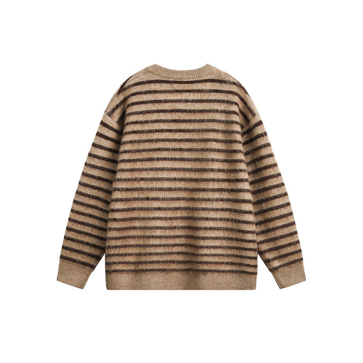 Unisex Oversize Gestreifter Flauschpullover mit Rundhalsausschnitt Drune