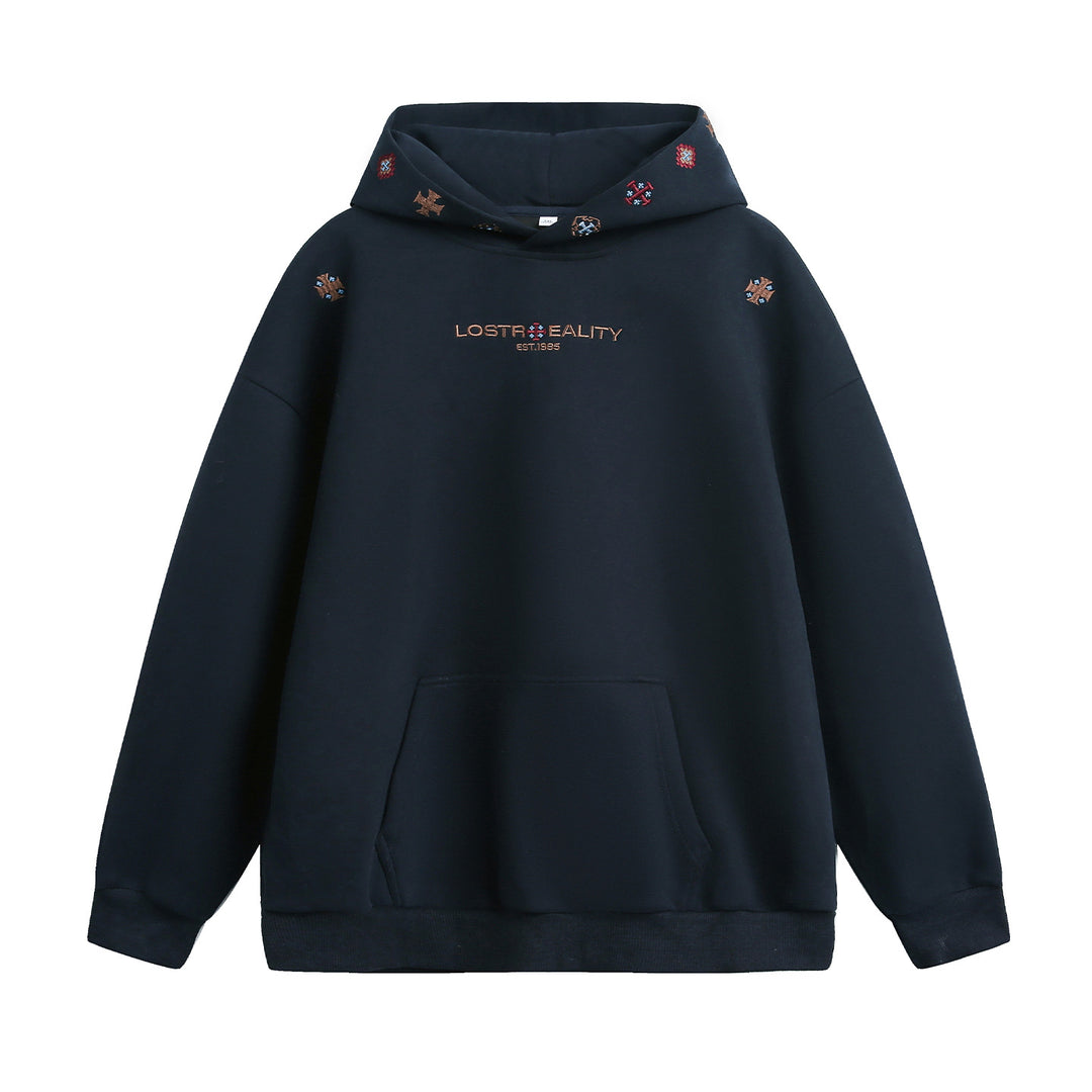 Unisex Oversize Kapuzenpullover mit feiner Logo- und Motivstickerei sowie Kängurutasche Drune
