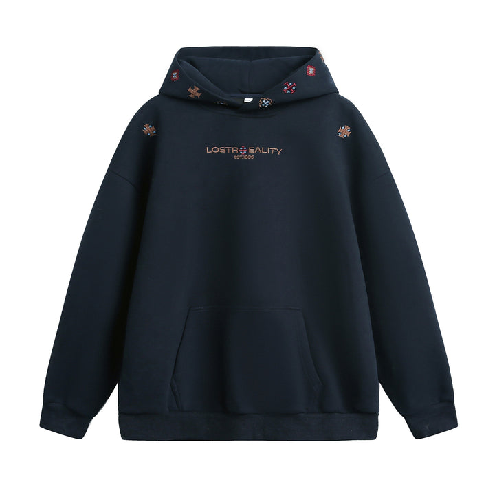 Unisex Oversize Kapuzenpullover mit feiner Logo- und Motivstickerei sowie Kängurutasche Drune