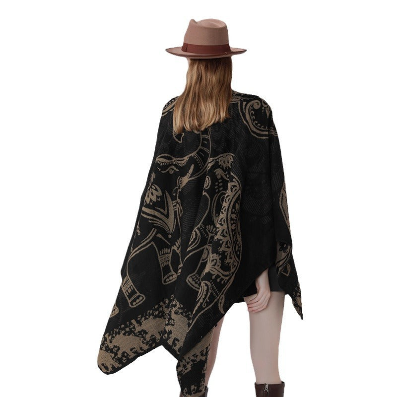 Damen Jacquard-Kimono-Cape aus Wollmix mit ornamentalen Tiermotiven Drune