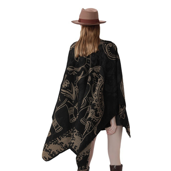 Damen Jacquard-Kimono-Cape aus Wollmix mit ornamentalen Tiermotiven Drune