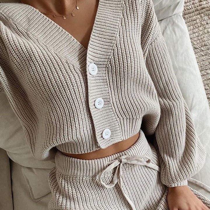 Damen geripptes Strick-Zweiteiler Set mit Cropped-Cardigan, Kordelzug-Hochbundhose und Komfortpassform Drune